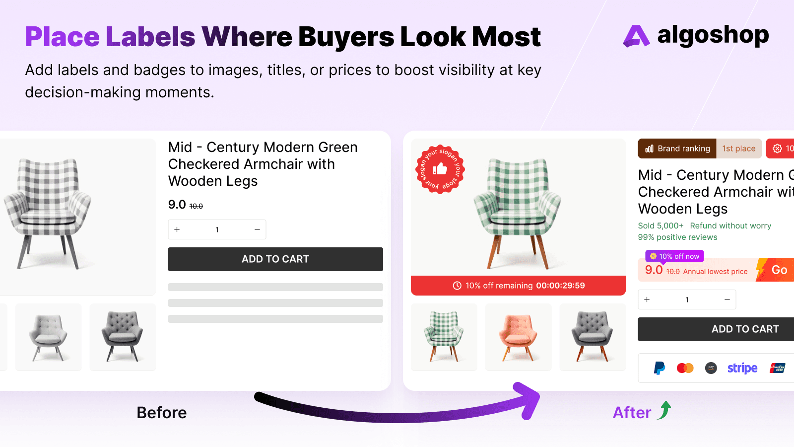 algoshop Product Label & Badge Shopify app promotional screenshot 2 illustrating product labels and promotional badges.
