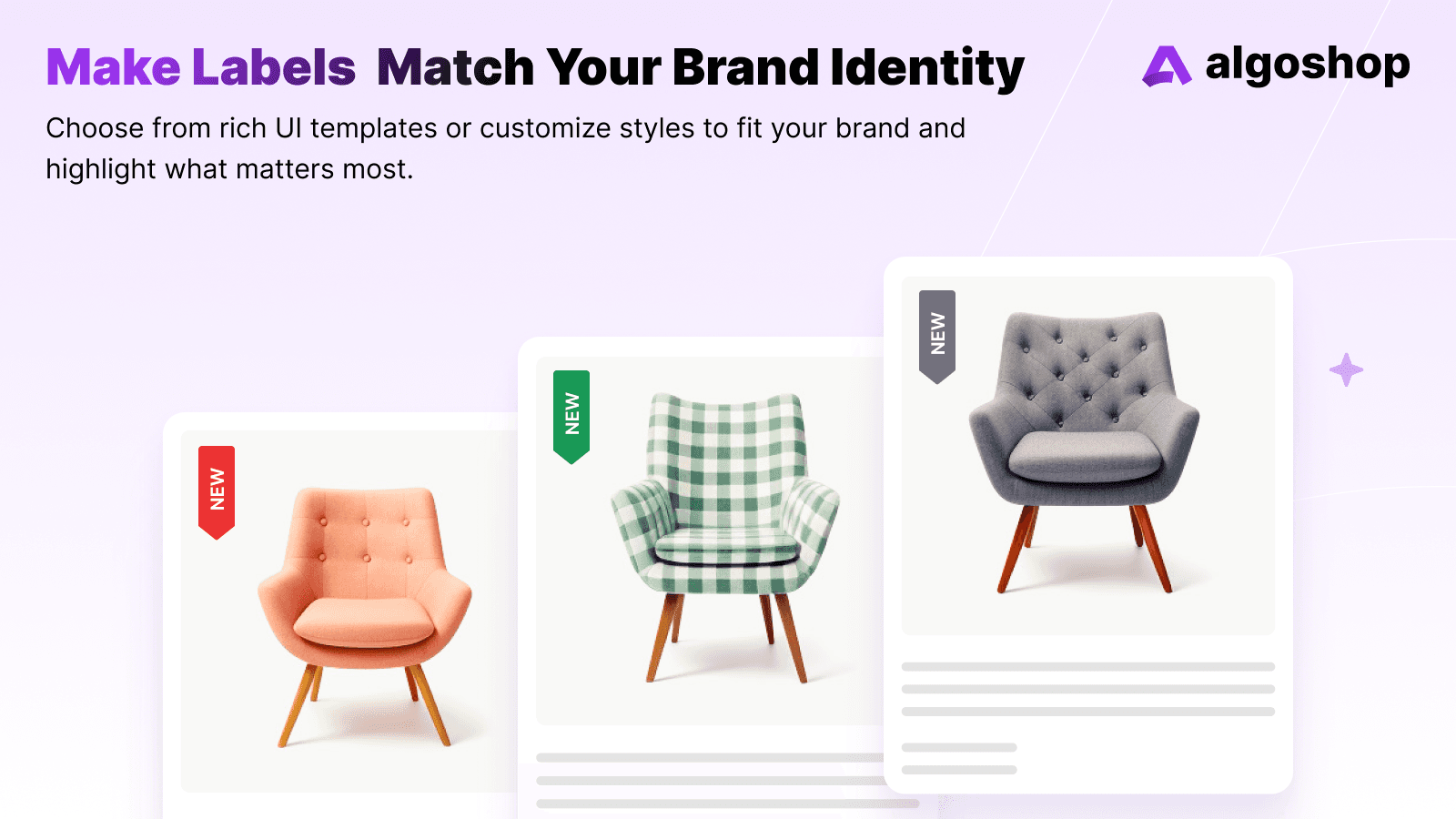 algoshop Product Label & Badge Shopify app promotional screenshot 3 illustrating product labels and promotional badges.