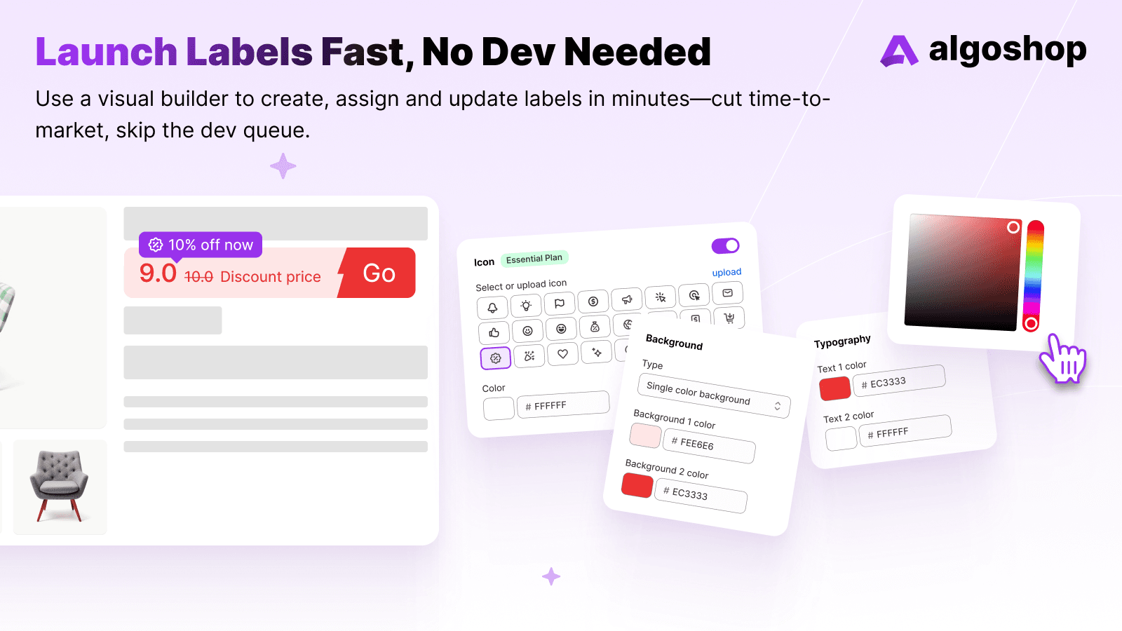 algoshop Product Label & Badge Shopify app promotional screenshot 6 illustrating product labels and promotional badges.