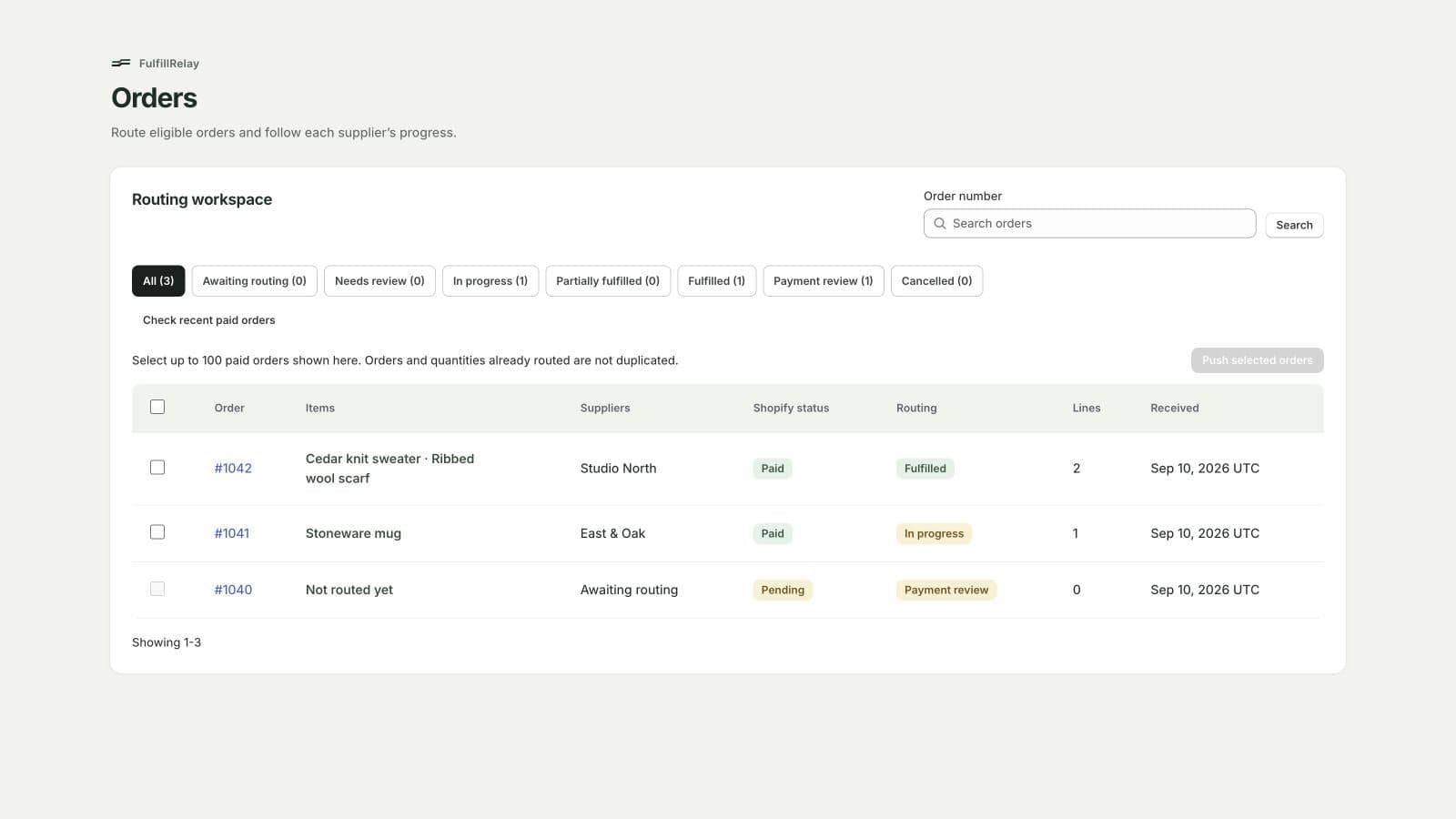 FulfillRelay overview showing supplier-order progress and work requiring attention