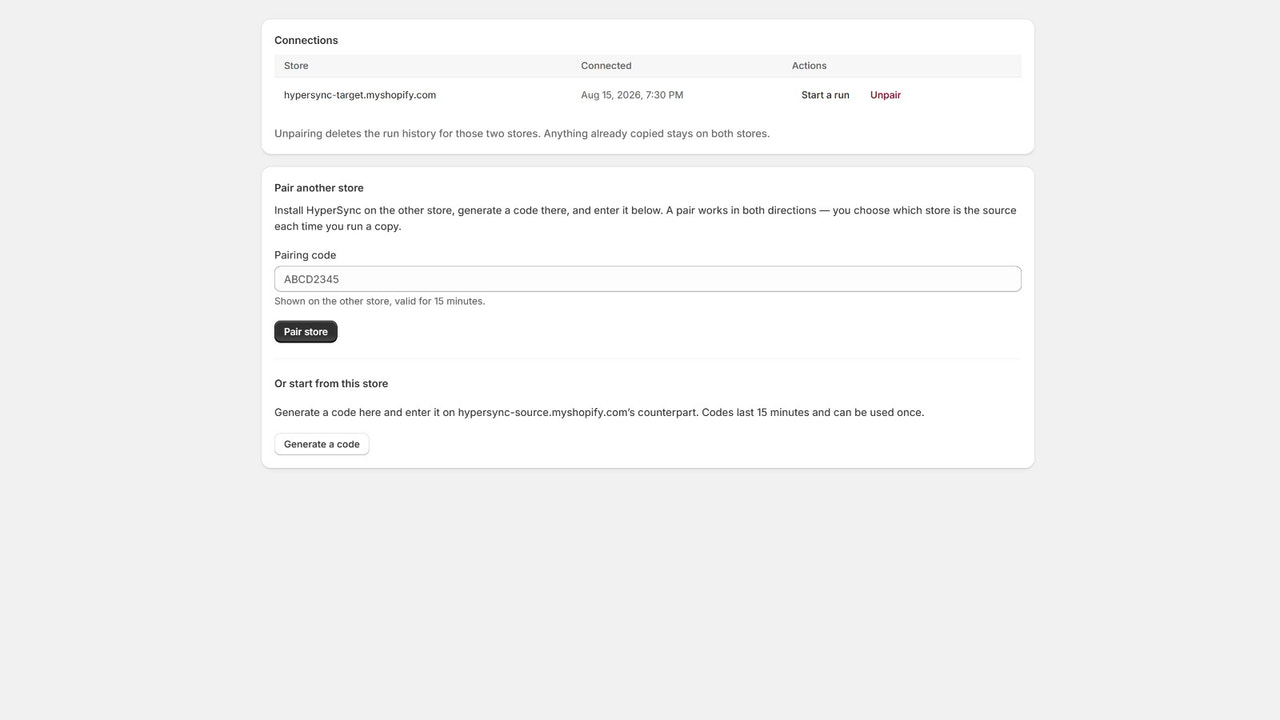HyperSync Connections screen with a connected Shopify store and pairing code controls