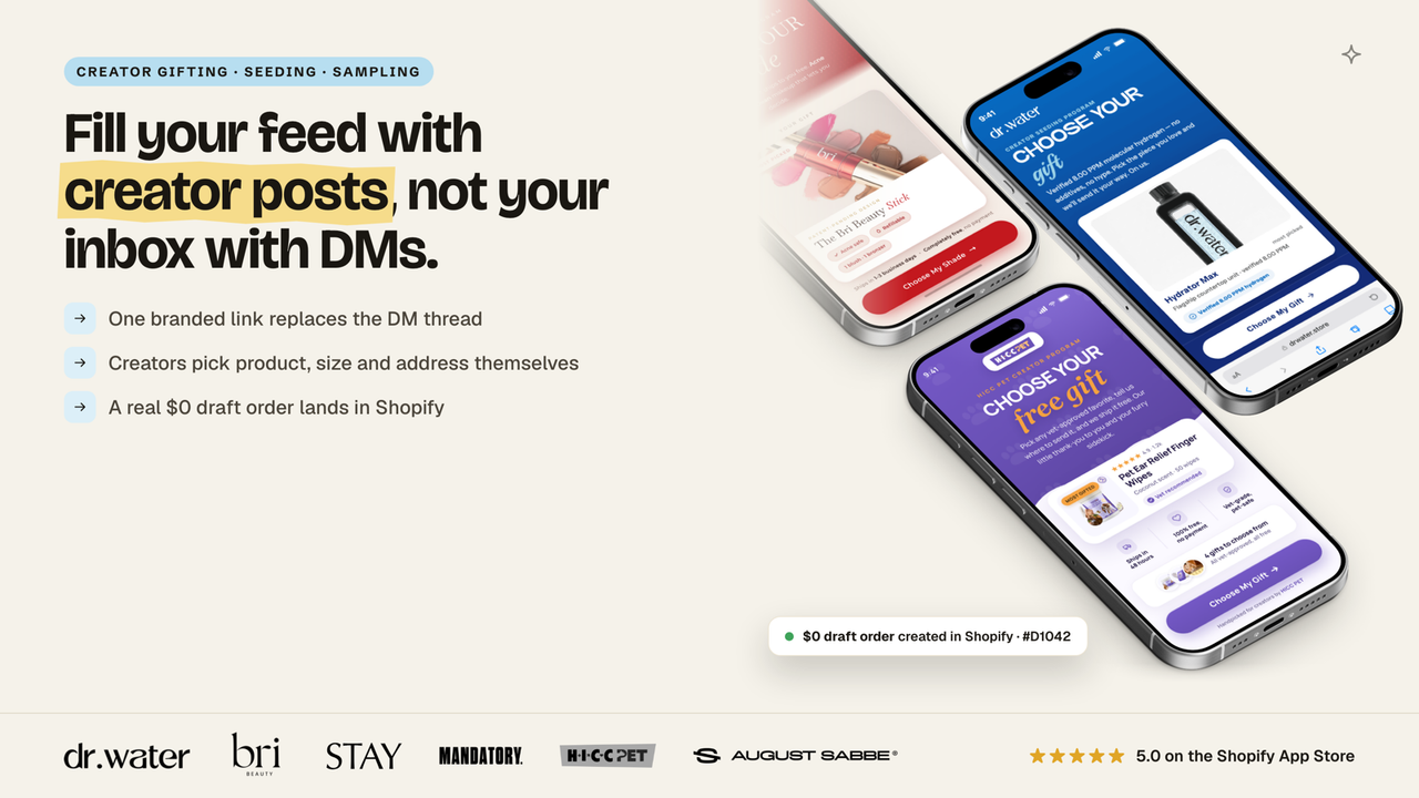 Seed promotional image showing branded mobile creator gift forms and a Shopify draft order