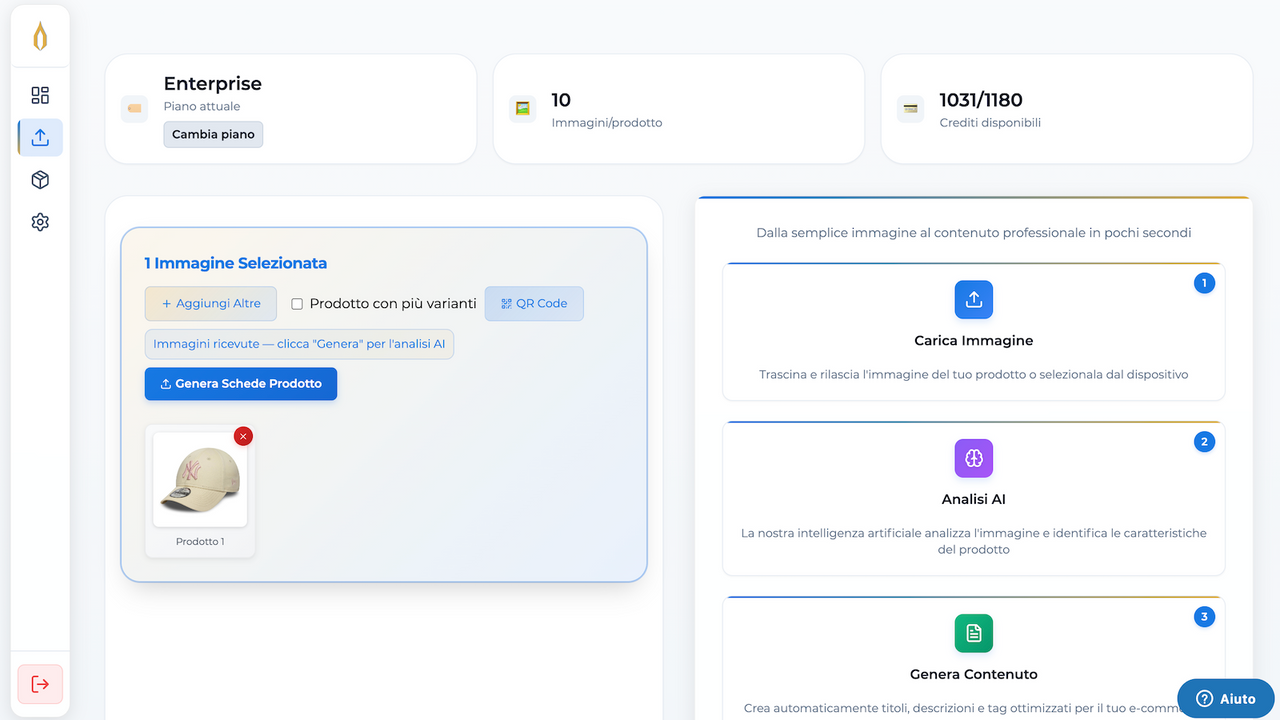 uppify Italian upload screen with a beige baseball cap photo and product generation stages