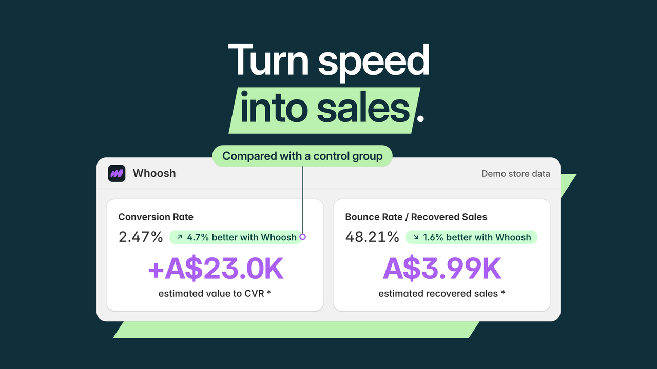 Whoosh demo dashboard comparing conversion and bounce rates against a control group