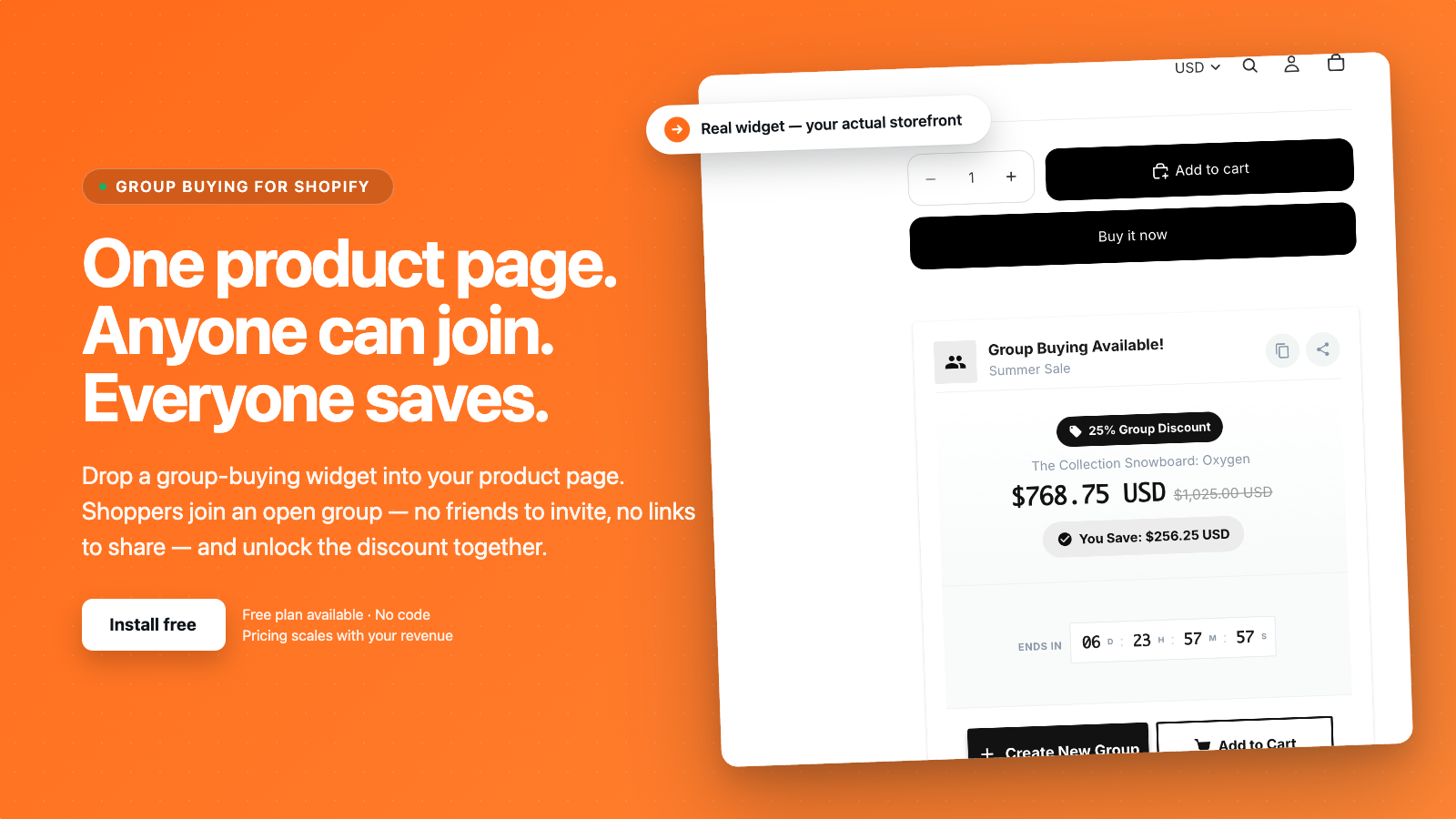 Farabiulder promotional product-page illustration with a group-buy offer, countdown and create-group control