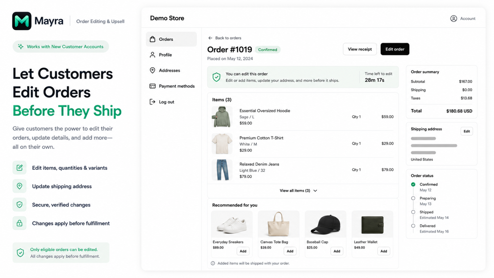 Mayra demo order page with an edit order button, editing countdown, items and recommendations