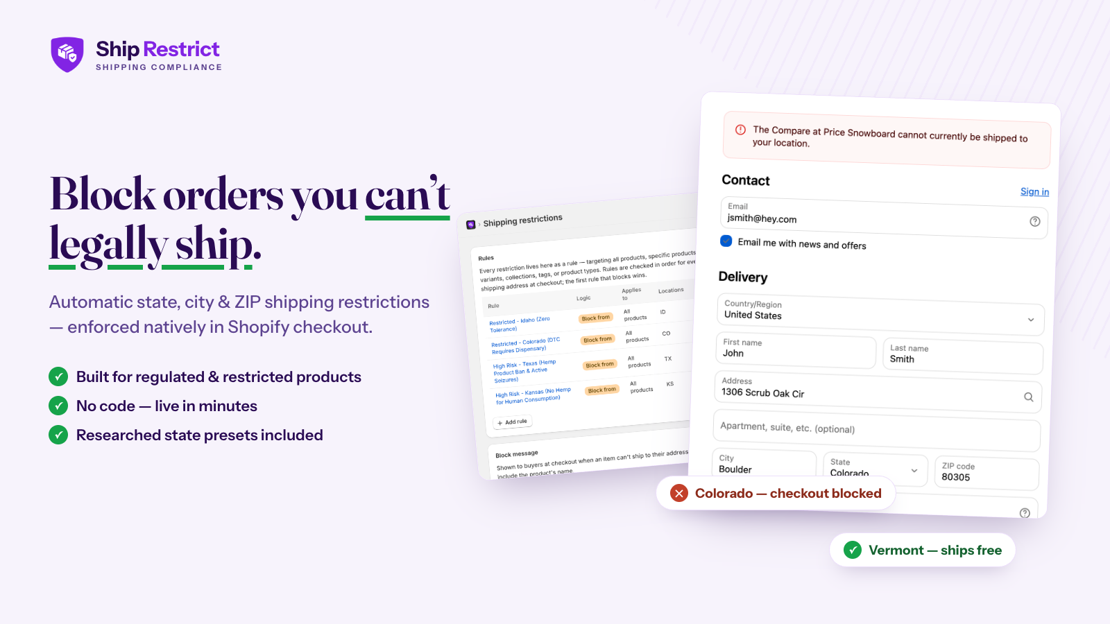 Ship Restrict promotional illustration combining shipping rules with a checkout restriction message