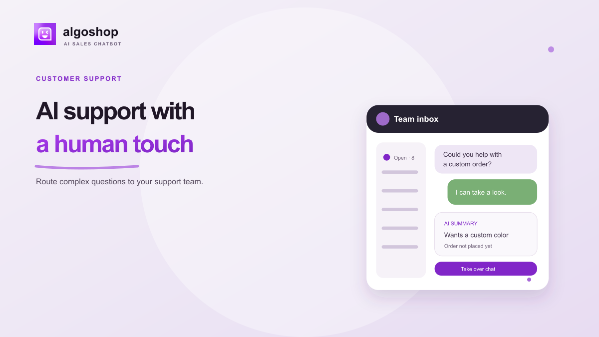 AI support with a human touch. Route complex questions to your support team.