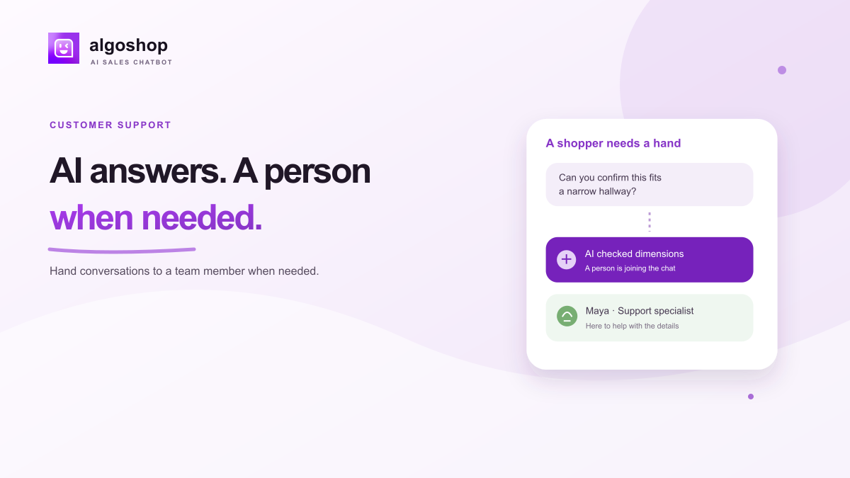 AI answers, people when needed. Hand conversations to a team member when needed.