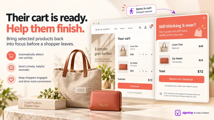 algoshop AI Sales Chatbot cart reminder card displaying a tote and wallet, a $72 total and a return-to-checkout action.