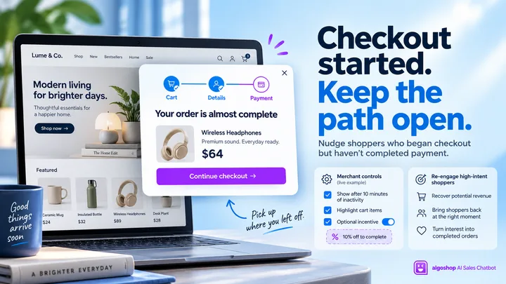 algoshop AI Sales Chatbot pending-payment reminder showing an unfinished checkout, a $64 order and a continue-checkout action.