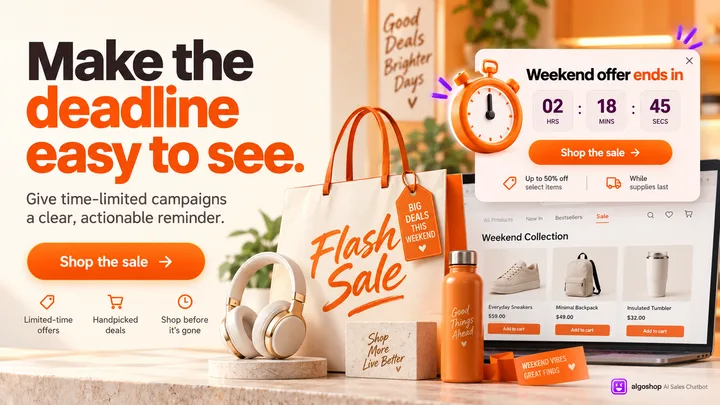 algoshop AI Sales Chatbot limited-time offer card displaying hours, minutes and seconds remaining in a weekend sale with a shop-sale action.