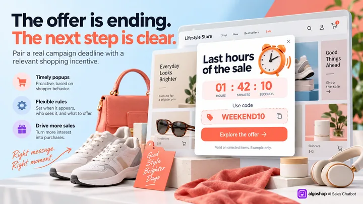 algoshop AI Sales Chatbot countdown outreach card displaying a sale deadline, WEEKEND10 coupon and an explore-offer action.