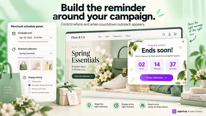 algoshop AI Sales Chatbot merchant campaign scheduling controls for an end date, selected collection and display timing, paired with a countdown card.