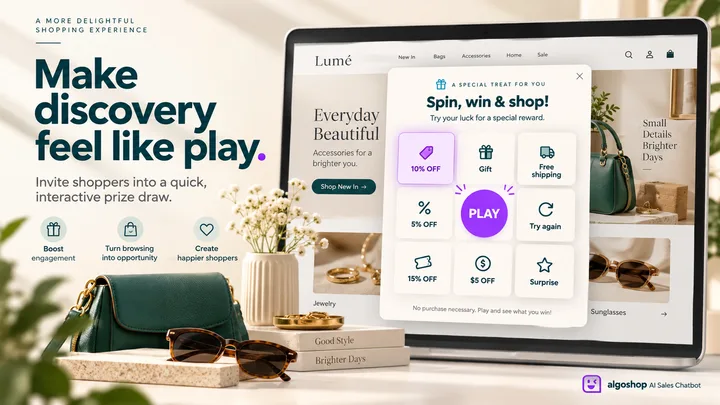 algoshop AI Sales Chatbot nine-cell prize grid outreach card with a central play control and a highlighted reward tile.