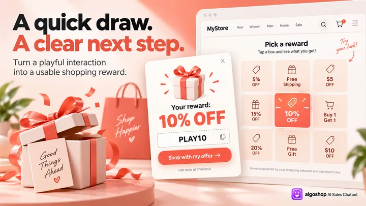 algoshop AI Sales Chatbot prize grid result showing a 10% reward, PLAY10 coupon and a shop-with-offer action.
