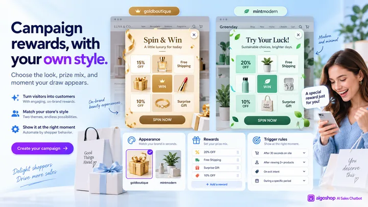 algoshop AI Sales Chatbot two prize-grid theme previews with merchant controls for appearance, rewards and trigger rules.