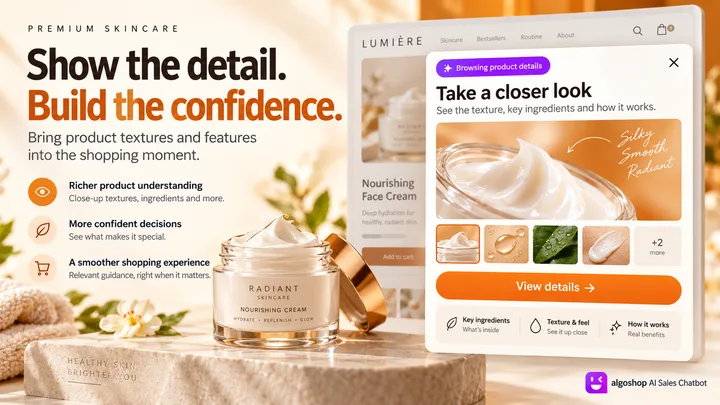 algoshop AI Sales Chatbot image outreach card displaying skincare texture and a view-details action while a shopper browses product details.