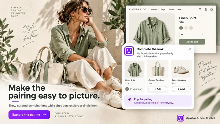 algoshop AI Sales Chatbot image outreach card presenting a coordinated shirt, bag and shoes with an explore-the-pairing action.