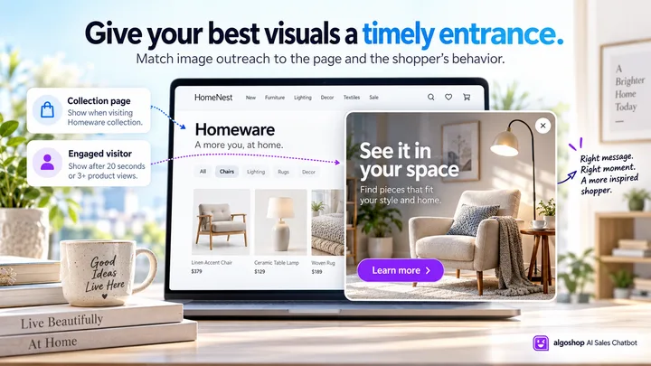 algoshop AI Sales Chatbot image outreach card displaying a chair and lamp in a room setting, paired with collection-page targeting controls.