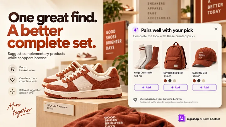 algoshop AI Sales Chatbot cross-sell card recommending sneakers, socks and a bag with individual add-to-cart controls.