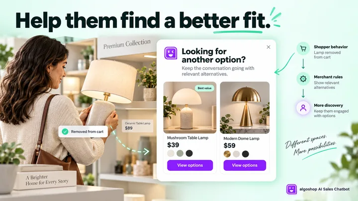 algoshop AI Sales Chatbot alternative product card offering lamps priced at $39 and $59 after a shopper removes a premium lamp.