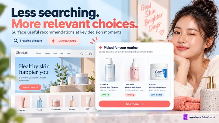 algoshop AI Sales Chatbot personalized recommendation card presenting three skincare products with a see-more action and browsing context.
