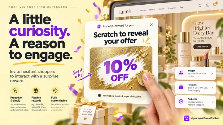 algoshop AI Sales Chatbot scratch-to-reveal outreach card partially uncovering a 10% discount reward.