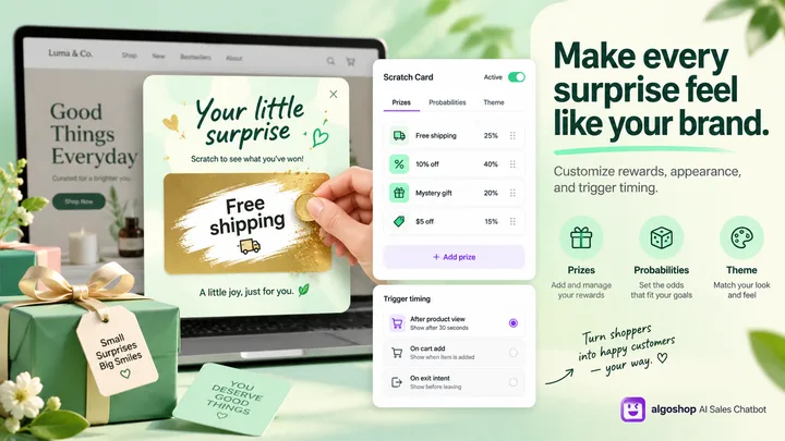algoshop AI Sales Chatbot branded scratch card revealing free shipping beside merchant prize, probability and theme settings.