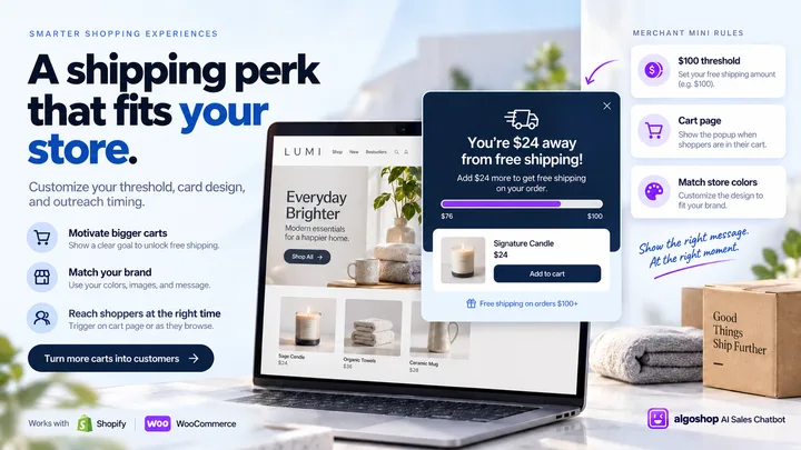 algoshop AI Sales Chatbot merchant free shipping settings for a $100 threshold, cart-page display and store colors, paired with a customer progress card.