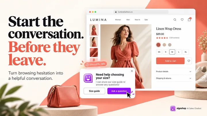 algoshop AI Sales Chatbot text outreach card offering a size guide and a question action after a shopper pauses on a fashion product page.