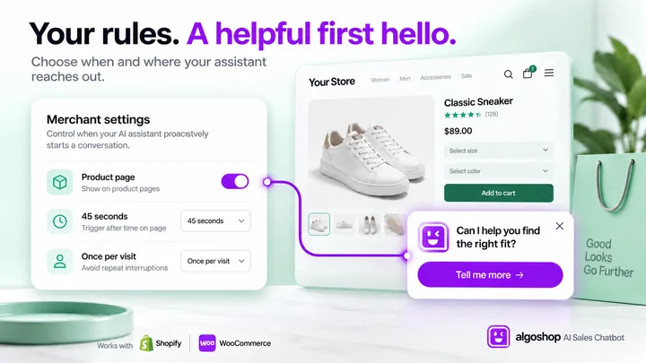 algoshop AI Sales Chatbot merchant outreach settings for product pages, delay and frequency, paired with a customer card offering help finding the right fit.