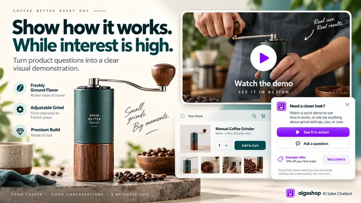 algoshop AI Sales Chatbot video outreach card showing a coffee grinder demonstration with a play control and watch-demo action.