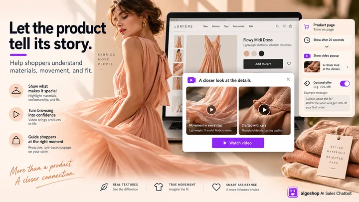 algoshop AI Sales Chatbot video outreach card showing clothing movement and fabric details, with product-page and time-on-page trigger context.