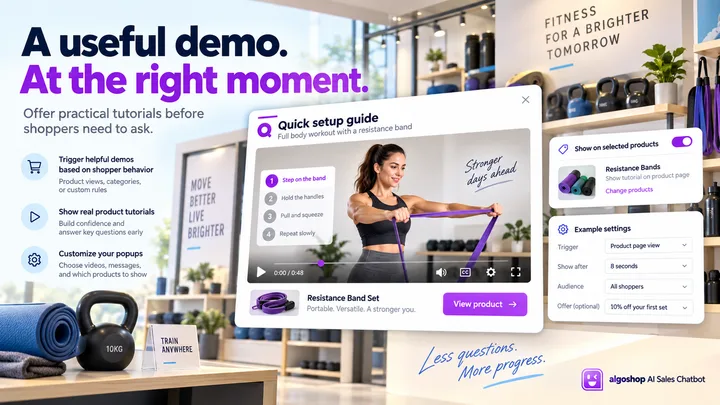 algoshop AI Sales Chatbot video outreach card showing a resistance-band exercise tutorial, with a quick setup guide and selected-product targeting.
