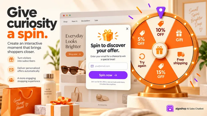 algoshop AI Sales Chatbot spin-to-win outreach card with a prize wheel, email field and spin action for a promotional reward.