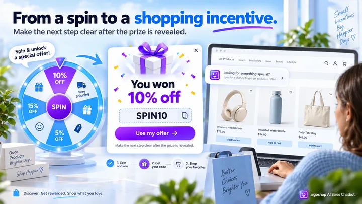 algoshop AI Sales Chatbot spin-to-win reward flow displaying a 10% discount, SPIN10 coupon and use-offer action.
