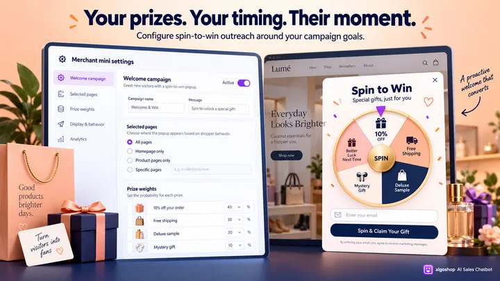 algoshop AI Sales Chatbot merchant spin-to-win campaign controls for selected pages and prize weights, paired with a customer wheel card.